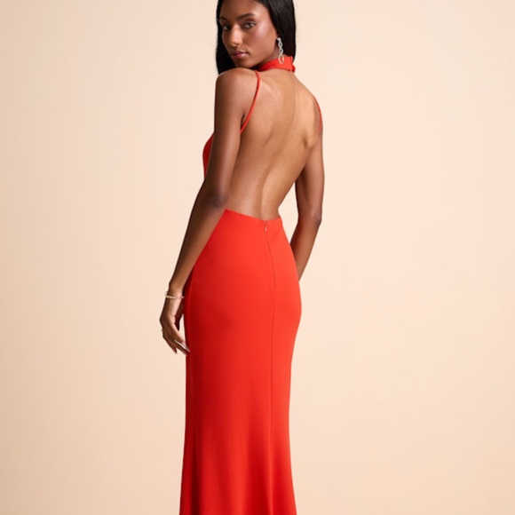 Lulus Damaris Bright Orange Mock Neck Backless Maxi Dress - Size L - Picture 1 of 1